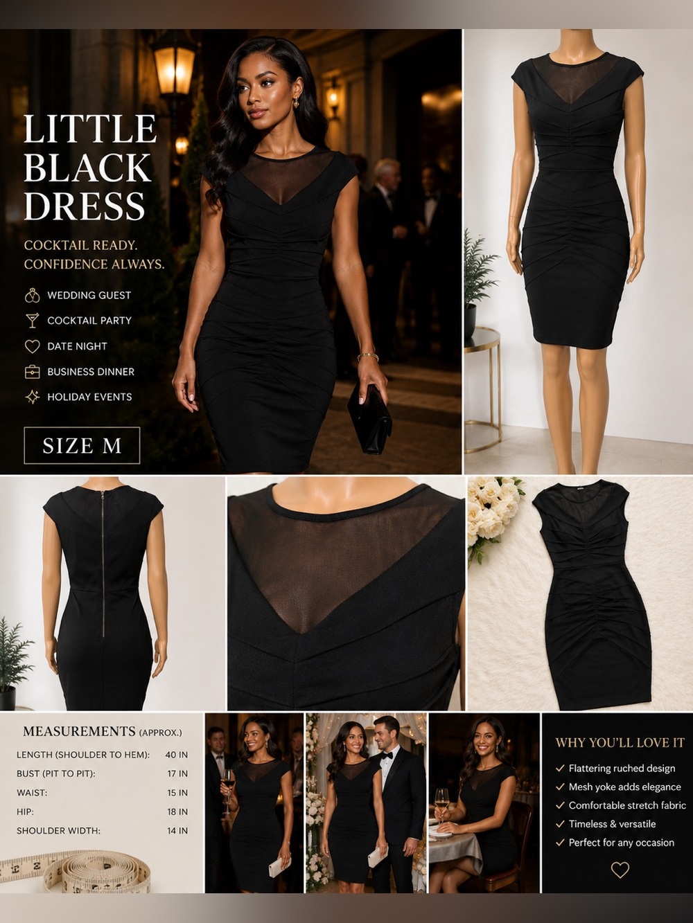 EUC Black Mesh Yoke Bodycon Cocktail Dress | Elegant Fitted Midi Dress | Size M - Picture 4 of 12